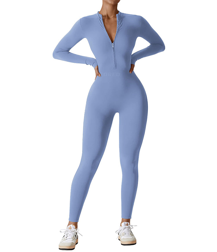 Zipper Nude Long Sleeve Yoga Bodysuit High Intensity Fitness Sports Bodysuit